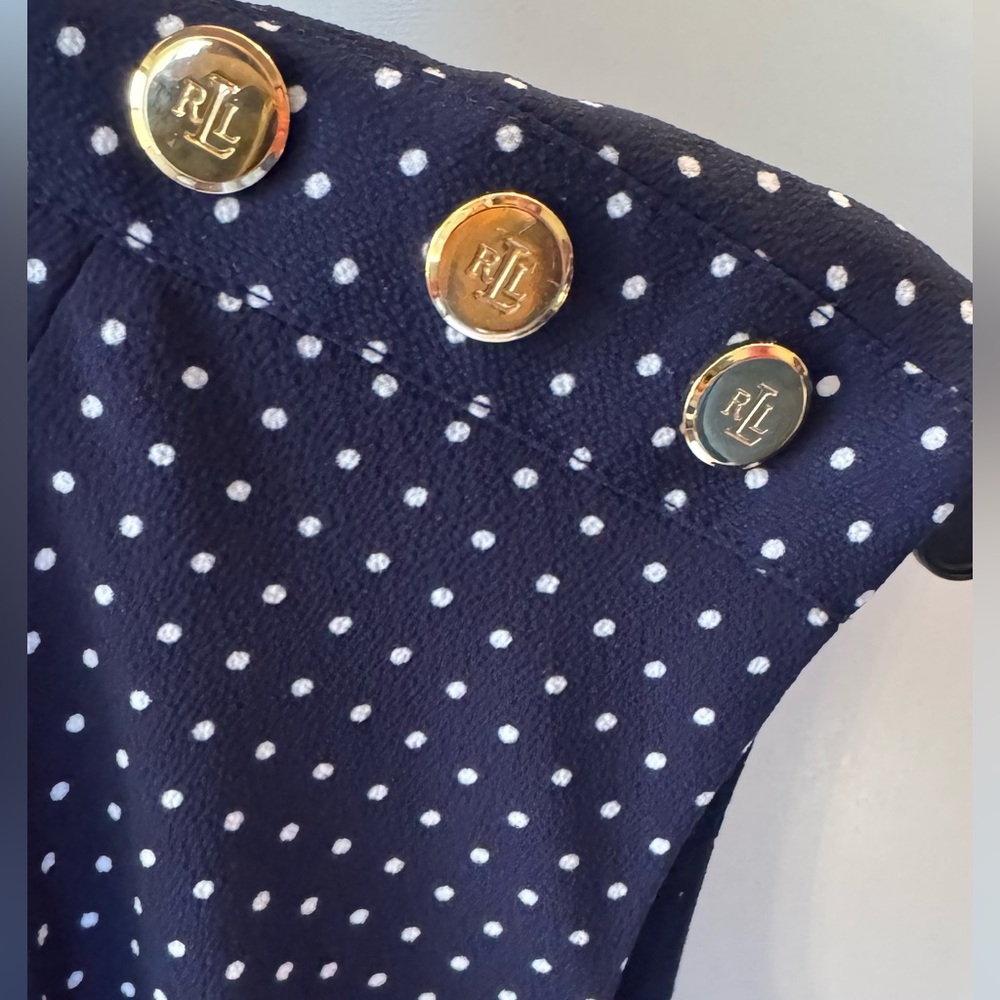 Lauren Ralph Lauren Polka Dot Dress Gold Button Shoulder Navy Size 6 - Picture 3 of 4